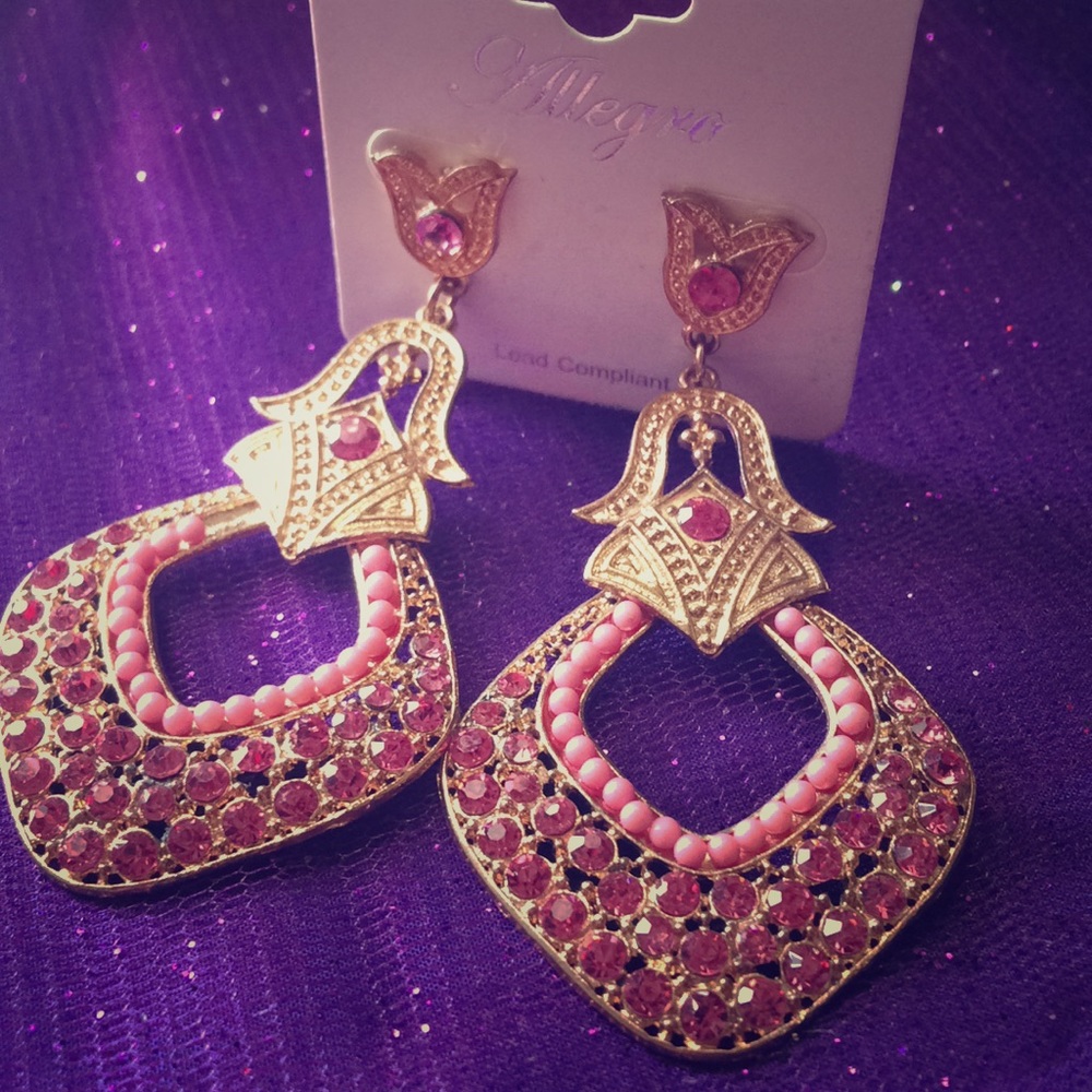 Allegro Gold,pink faux diamond,pearl drop earrings